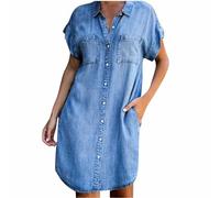 GETMINT Denim Dresses for Women 2024 Short Sleeve Loose Jean Midi Dress Button Down Casual Shift with Pockets (Blue,L)