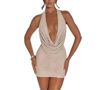 GETMINT Women's Deep Sexy V-Neck Halter Backless Party Club Mini Dress, Bodycon Mini Shiny Night Dress (Beige,Small)