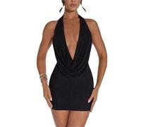 GETMINT Women's Deep Sexy V-Neck Halter Backless Party Club Mini Dress, Bodycon Mini Shiny Night Dress (Black,Medium)