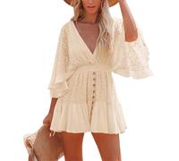 GETMINT Women's Lace V Neck Mini Dresses Batwing Sleeve Backless Crochet Ruffle Mini Stylish Lace Crochet Short Skirt (Apricot,Large)