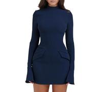 GETMINT Women's Spring Sexy Long Sleeve Mock Turtle Neck Dresses Elegant Formal Party Short Dress Bodycon Stretch A Line (Navy,XS)