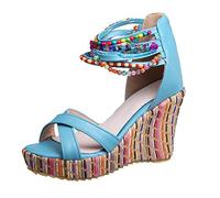 GETMOREBEAUTY Women's Blue Wedge with Pearls Across The Top Platform High Heels 7 B(M) US