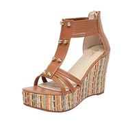 GETMOREBEAUTY Women's Wedge Sandals Riveted Heel Sandals Summer Shoes, Rivet Khaki, 6 UK