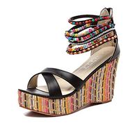 getmorebeauty Women's Wedge Sandals With Pearls Across The Top Platform Sandals High Heels, Black, 4 UK