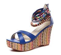 getmorebeauty Women's Wedge Sandals With Pearls Across The Top Platform Sandals High Heels, Navy Blue, 5.5 UK