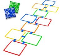 GETMOVIN SPORTS Hopscotch Squares Set with 2 Premium Beanbags Giant Sized 15 Inch Squares with 15 Connectors for Indoor/Outdoor Portable Fun Conditioning Agility Training (Multicolored)