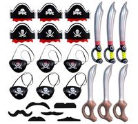 GETRICH 24 Piece Pirate Accessories Kids Set, 6 Pcs Kids Pirate Hat Skull Print with 6 Pcs Pirate Eye Patch Kids 6 Pcs Pirate Sword and 6 Pcs Fake Moustache Pirate Hats for Party Halloween Role Play