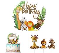 GETRICH Animal Cake Toppers, 4PCS Safari Cake Toppers Jungle Animal Happy Birthday Cake Topper Wild One Cake Topper Giraffe Fox Tiger Cake Jungle Animals Cake Decoration for Kids Boy Girl