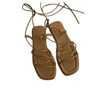 GETRICHHL Sandals For Women Summer Narrow Strap Retro Square Toe Flat Cross Strap Flip-Flops Sandals-brown-35