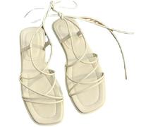 GETRICHHL Sandals For Women Summer Narrow Strap Retro Square Toe Flat Cross Strap Flip-Flops Sandals-white-35