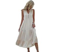 GETRICHHL Summer Dresses For Women Summer Mid-Length Women'S Sleeveless V-Neck Button-Down Loose Dress-white-L
