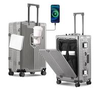 Gets All Aluminum Carry on Luggage Airline Approved,20 Inch Hardshell Spinner Luggage With Cup Holder and USB Charger,TSA Lock,Front Pocket Durable Suitcase for Women Men, Grey, 24 Inch