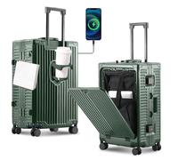 Gets All Aluminum Carry on Luggage Airline Approved,20 Inch Hardshell Spinner Luggage With Cup Holder and USB Charger,TSA Lock,Front Pocket Durable Suitcase for Women Men, Dark Green, 20 inch