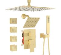 GETSHOWERSET Dual Shower Head Shower System with Body Spray Jets, 12" Ceiling and 6" Wall Mount Head Rainfall Shower Faucet Set with Valve Kit Brushed Gold