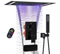GETSHOWERSET Luxury Brass 14x20inch LED Rainfall Shower System with Handheld, Thermostatic Mixer Valve, Tub Spout, 2-in-1 Ceiling Mount Shower Head Faucet Set Matte Black