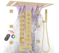 GETSHOWERSET Multi Functions Concealed Shower Set with 6pcs Body Jets and Spray, Brass Thermostatic Shower Mixer System with LED Large 3 in 1 Modes 14x20inch Rain Shower Head and Spout, Brushed Gold
