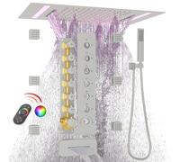 GETSHOWERSET Multi Functions Thermostatic Shower Mixer Set with 6pcs Body Jets and Spray, Brass Concealed Shower System with LED Large 3 In 1 Modes 14x20inch Rain Shower Head and Spout, Brushed Nickel