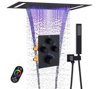 GETSHOWERSET Rain Shower System, 2 in 1 Functions Ceiling Mount 14x20inch LED Shower Head with Handheld, Push Button Thermostatic Shower Valve Can All Run Together, Matte Black