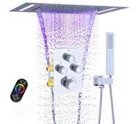 GETSHOWERSET Rain Shower System, 2 in 1 Functions Rainfall Waterfall 14x20 Inch Ceiling Mount LED Shower Head with Square Handheld, Push Button Thermostatic Shower Valve Can All Run Together, Chrome