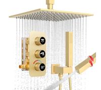 GETSHOWERSET Rainfall Shower System, 10 Inch Rain Shower Head with 2 in 1 Handheld, Ceiling Mounted Shower Faucet Set, Brushed Gold