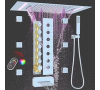 GETSHOWERSET Wall Mounted Concealed Shower System with 6pcs Body Jets and Spray, Brass Thermostatic Shower Mixer Set with LED Large 3 in 1 Modes 14x20inch Rain Shower Head and Up/Down Spout, Chrome