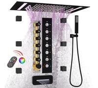 GETSHOWERSET Wall Mounted Concealed Shower System with 6pcs Body Jets and Up/Down Spout, Brass Thermostatic Shower Mixer Set with LED Large 3 In 1 Modes 14x20inch Rainfall Shower Head and Spray, Black