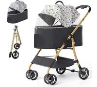 GETSTREE Foldable 4 Wheels Pet Stroller,for Small Dogs Cats 3-In-1 Folding Dog Stroller with Detachable Carrier, Storage Basket(White)