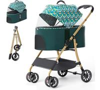 GETSTREE Foldable 4 Wheels Pet Stroller,for Small Dogs Cats 3-In-1 Folding Dog Stroller with Detachable Carrier, Storage Basket(Green)