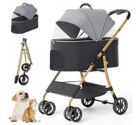 GETSTREE Foldable 4 Wheels Pet Stroller,for Small Dogs Cats 3-In-1 Folding Dog Stroller with Detachable Carrier, Storage Basket(Gray)