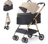 GETSTREE Foldable 4 Wheels Pet Stroller,for Small Dogs Cats 3-In-1 Folding Dog Stroller with Detachable Carrier, Storage Basket(Khaki)