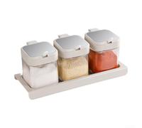 Gettimore Condiments Container Seasoning Jars,Kitchen Glass Spicy Jars with Lids and Spoon(White 3PCS with base)
