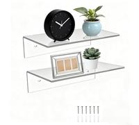 Gettimore Double Pack Clear Acrylic Floating Shelves Featuring Rounded Corners And Diamond Polished Edges, 4mm Thick Strength For Displaying Books, Plants(clear)