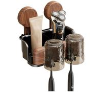 Gettimore Wall Mount Suction Cup Toothbrush Holder for Bathroom, Storage Shelf with Hair Dryer Hanger, 16x15cm, Walnut Wood-Look Finish, No Drill Waterproof Organizer B