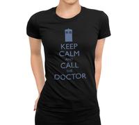 Getting Shirty Keep Calm and Call the Doctor Women’s T-Shirt | Women’s slogan tee with blue lettering and a police box graphic for fans of British science fiction and time-travel stories.