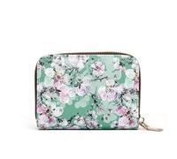 getuse Credit Card Holder for Women, Small RFID Wallet, Slim Leather Card Organizer, Zipper Wallet with Keychain, Abstract Art Leaf Design, Business Card Case, Red flowers on green background,