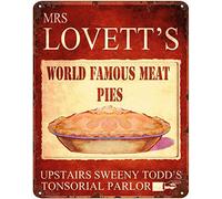 Geuuki Creative Funny Novelty Metal Tin Sign Mrs Lovett's Worlds Famous Meat Pies Sweeny Todd Retro Wall Decor Garden Man Cave Cafes Office Store Pubs Club Metal Aluminum Sign Gift 12 x 16 inch
