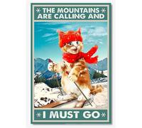 Geuuki Metal Sign The Mountains Are Calling And I Must Go Skiing Cat Sign Vintage Signs Retro Tin Signs Aluminum Sign for Kitchen Home Office Bar Cafe Decor 8x12 Inches
