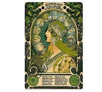 Geuuki Metal Tin Sign Emerald Green Vintage Astrology Signs Alphonse Mucha Signs Tin Signs for House 8X12inch