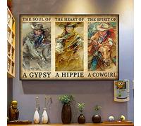Geuuki Vintage Metal Tin Sign Cowgirls The Soul of A Gypsy Heart of A Hippie Spirit of Cowgirl Horse Poster Tin Sign Poster Vintage Metal Signs for Bar Music Club Man Cave Room Wall Decor 5.5x8 Inch