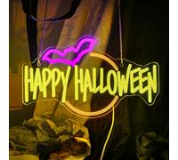 Gevbay Happy Halloween Neon Sign Bat LED Light Up for Bedroom Home Bar Halloween Decor Trick or Treat Party Backdrop USB Powered