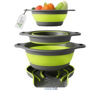 Gevoli 3-Pack Collapsible Colanders with Self-Draining Base, Over Sink-edge Silicone Food Strainers, Small/Med/Large Sizes, Nesting for Easy Compact Storage (3Qt, 4Qt, 5-Quart Set) Green/Gray