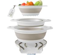 Gevoli Collapsible Colanders (3 Pack Set) Food Strainers with Over-Sink Water Draining Base for Pasta Fruits and Vegetables, White/Beige (3 Sizes, 3QT, 4QT and 5 Quart)