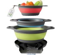 Gevoli Collapsible Food Strainer with Self-Emptying Base for Sink, Food Strainer (Small/Medium/Large), Stacked Design for Easy Storage (Red, Blue, Green) (Set of 4)
