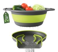 Gevoli Large Collapsible Colander with Self Draining Base - 5Qt Side Drain Food Strainer for Edge of Kitchen Sink, Green (2 Piece Set)