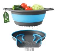 Gevoli Large Collapsible Colander with Self-Draining Base Set - Plastic Side Drain Food Strainer for Edge of Kitchen Sink, Blue (2 Piece Set)
