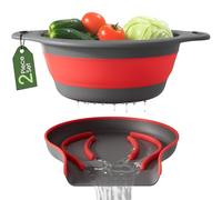 Gevoli Strainer with Self-Draining Base (5QT) Over-Sink Collapsible Kitchen Colander Set with Side-drain Base for Pasta Vegetables and Fruit, XL Large Capacity, Dishwasher Safe (5-Quart) Red/Gray