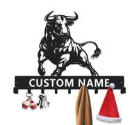 Gewasi Personalized Bull Metal Key Holder with Hooks, Custom Ranch Name Sign, Rustic Wall Organizer for Man Cave and Entryway, Storage Hooks, Coat Rack (Style-1)