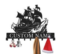 Gewasi Personalized Sailboat Monogram Metal Key Hooks, Sailboat Coat Holder Home Storage Hooks, Custom Family Name & Nautical Design with Key Holder, for Entryway or Living Room Patio Decor (Style-2)