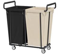 Gewudraw Laundry Hamper, 360L 2-Compartment Large Laundry Basket on Wheels | Heavy Duty Laundry Trolley, Washing Basket with Steel Frame, Waterproof Liner, for Laundry Room, Hotel, Black & Beige
