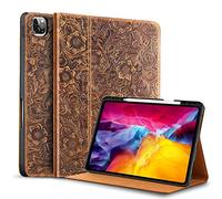 Gexmil for iPad Pro 11 Inch Case 2022/2021/2020/2018(4th/3rd/2nd/1st Generation) with Pencil Holder,Auto Wake/Sleep,Genuine Leather Case with Stand,Flower Brown